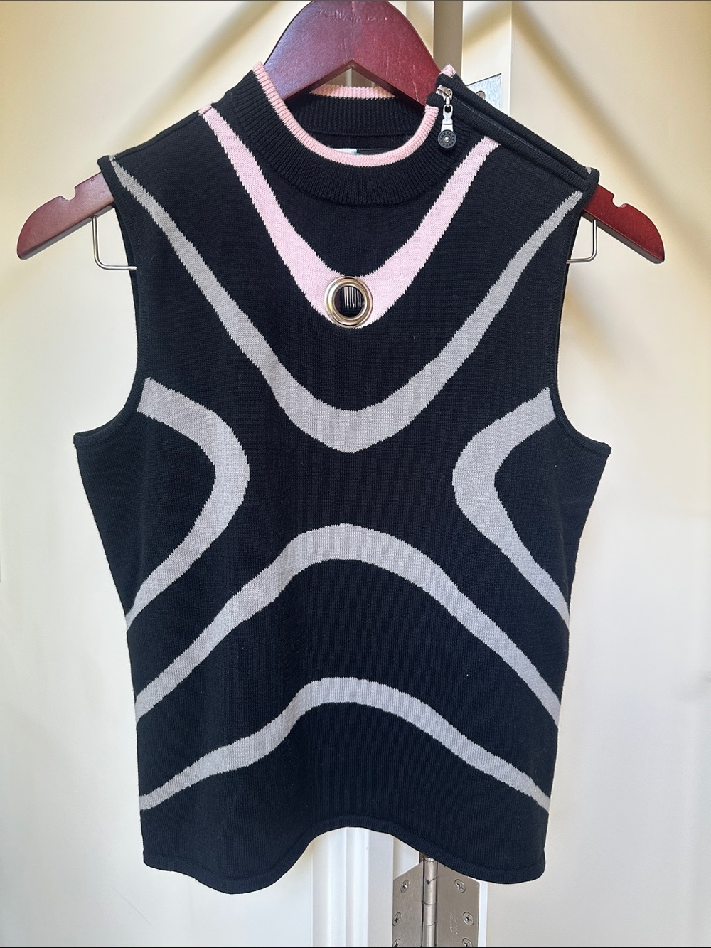 jamie sadock Black Knit Tank with Gray Wave Pattern and Pink Neck Trim
